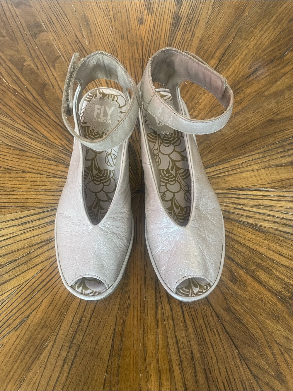 Fly London Metallic Beige Leather Peep-Toe Wedge Sandals
